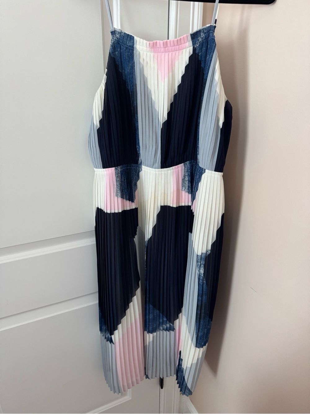 Banana Republic Art Deco Cream, Navy and Pink Pleated Slip Dress